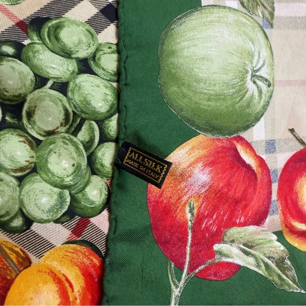 Burberry Vintage Novacheck Plaid Fruit Print Silk Scarf - Picture 7 of 8